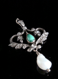 Image 1 of EDWARDIAN 18CT SILVER DIAMOND TURQUOISE PEARL PENDANT