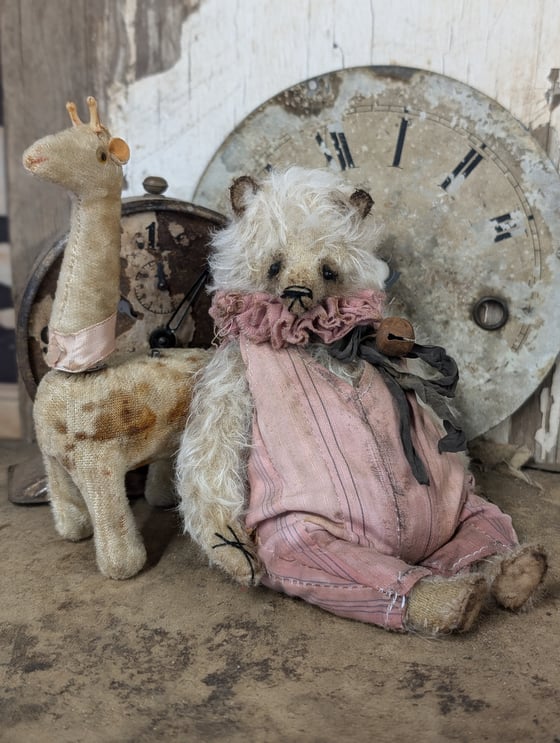 Image of 7"  Vintage Shabby Carnival Cream mohair Teddy Bear w/ aged handmade romper outfit by Whendi's Bears