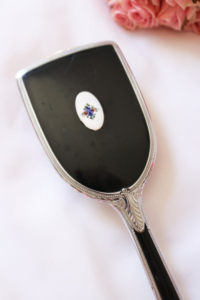 Image of Vintage Classic Black Vanity Brush with Simple Floral Motif 