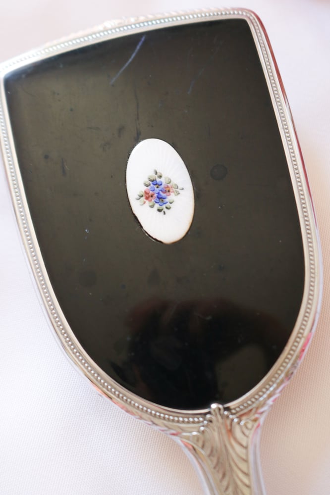 Image of Vintage Classic Black Vanity Brush with Simple Floral Motif 
