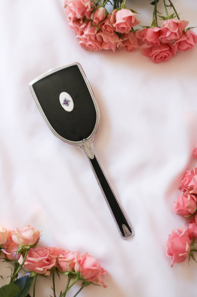 Image of Vintage Classic Black Vanity Brush with Simple Floral Motif 