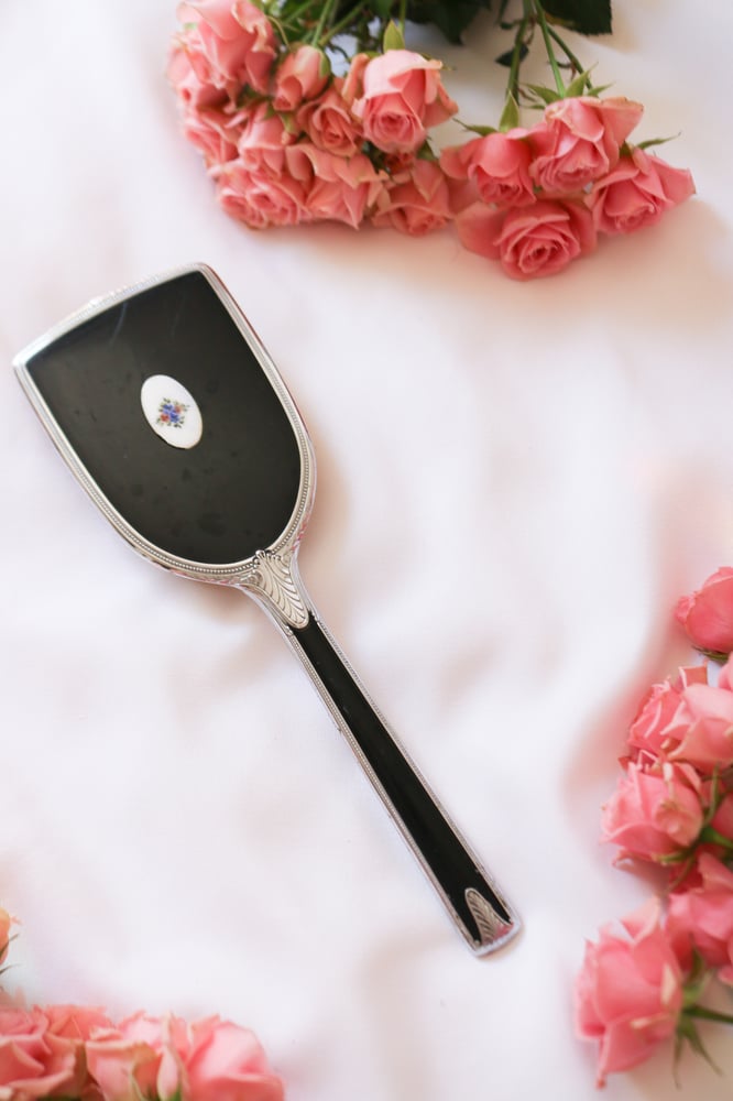 Image of Vintage Classic Black Vanity Brush with Simple Floral Motif 