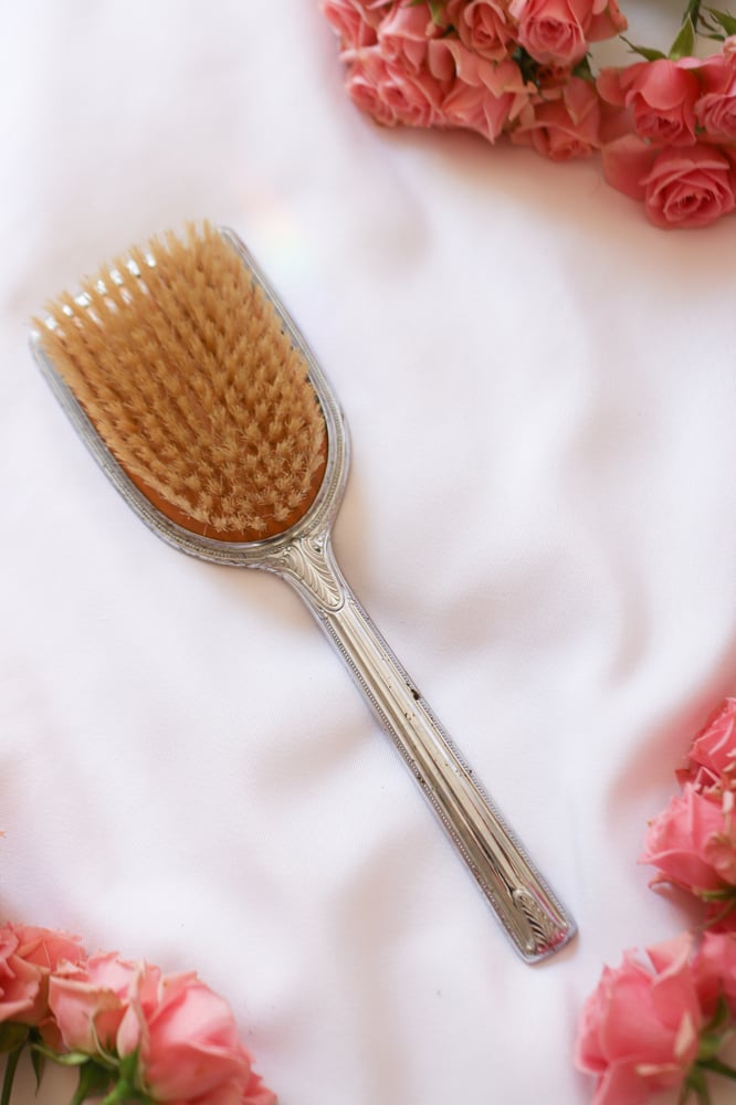 Image of Vintage Classic Black Vanity Brush with Simple Floral Motif 