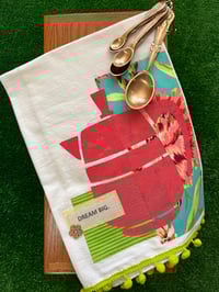 Image 1 of Flour Sack Towel, Coffee Stencil, Pinks and Bright Teal