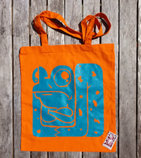 Image 1 of Grumpy Frog Tote, orange & blue 