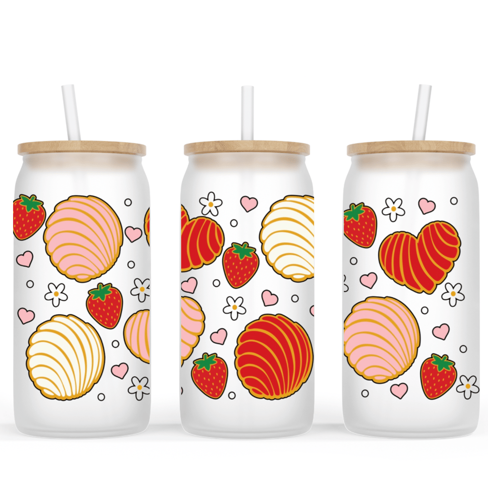 Image of Strawberry Concha 16oz Glass Cup🍓