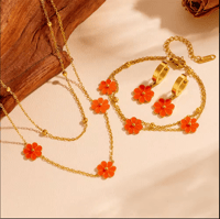 "18K Rose Gold Flower Necklace – Orange & Pink, Hypoallergenic Stainless Steel"