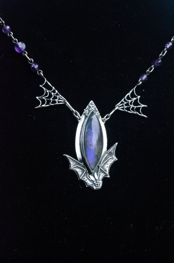 Image of bat labradorite and amethyst necklace