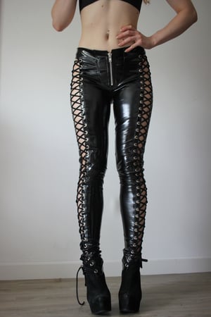 Image of MADE TO ORDER - Kultchen Heavy Zipper Lace up Pants in black PVC (Size XS - XL)