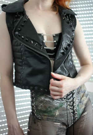 Image of Cropped studded biker leather vest in genuine leather (Size XS -S)