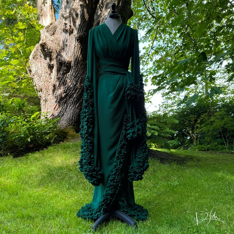 Deep Green Ruffled "Selene" Dressing Gown Limited Edition Size XS