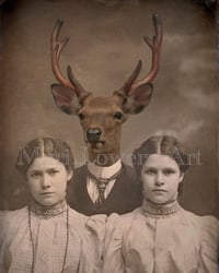 Brother Deer Man with Deer Head and Twin Sisters 8 x 10 Inch Animal Art Print