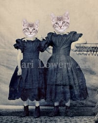 Kitten Girls Twin Sister Gray Cats in Dresses 8 x 10 Inch Animal Art Print