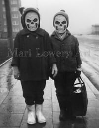 Kids with Skull Faces Halloween Decor 8 x 10 Inch Black and White Art Print