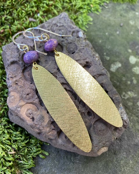 Image of Fluttery Brass, Glass and Sterling Earrings - Purple
