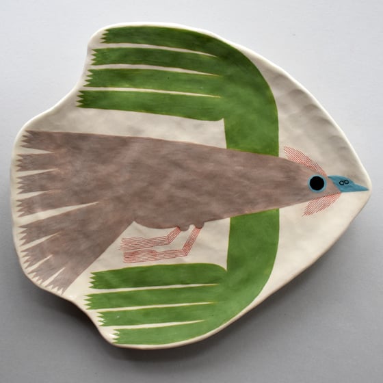 Image of Green and Grey and Turquoise Bird Plate