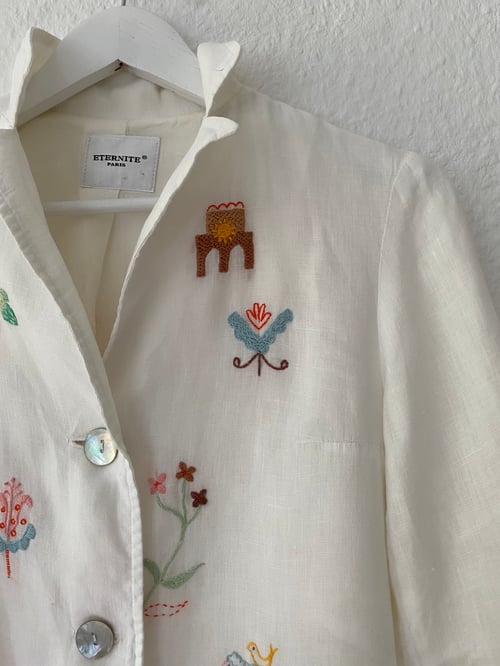 Image of Upcycled white linen blazer with hand embroidered slavic ornaments inspired motives