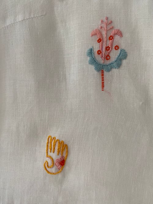 Image of Upcycled white linen blazer with hand embroidered slavic ornaments inspired motives