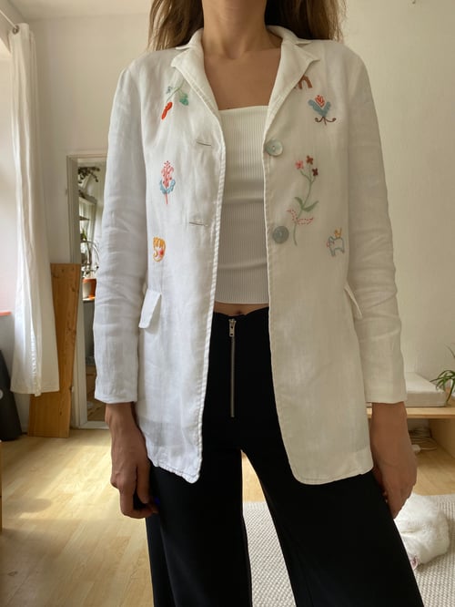 Image of Upcycled white linen blazer with hand embroidered slavic ornaments inspired motives