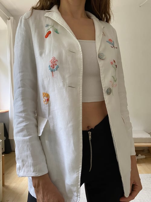 Image of Upcycled white linen blazer with hand embroidered slavic ornaments inspired motives