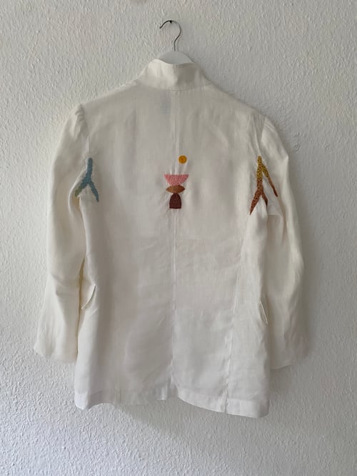 Image of Upcycled white linen blazer with hand embroidered slavic ornaments inspired motives