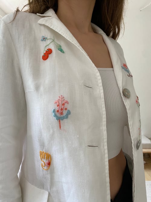 Image of Upcycled white linen blazer with hand embroidered slavic ornaments inspired motives