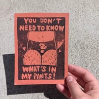 What’s in My Pants. Linocut Postcard