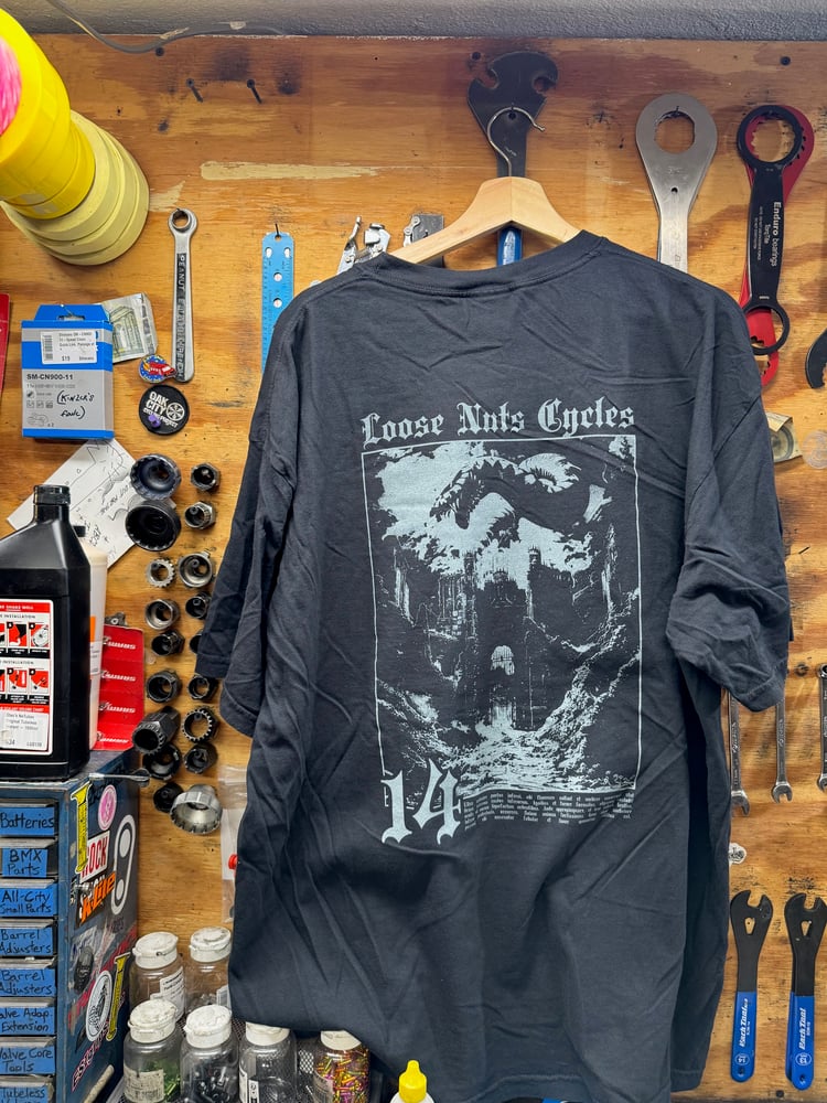 Image of Loose Nuts Cycles 14 Year Shop Tee