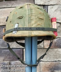 Image 6 of Vietnam M-1 Helmet & 1965 Liner Mitchell Camo Cover. The Fink in Nam & PEACE. Winston Cigarettes.