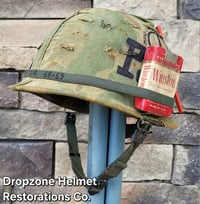 Image 4 of Vietnam M-1 Helmet & 1965 Liner Mitchell Camo Cover. The Fink in Nam & PEACE. Winston Cigarettes.