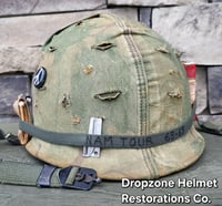 Image 11 of Vietnam M-1 Helmet & 1965 Liner Mitchell Camo Cover. The Fink in Nam & PEACE. Winston Cigarettes.