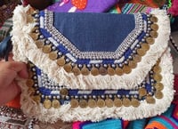 Boho bag with jewel details...coins fringes and long strap - Blue