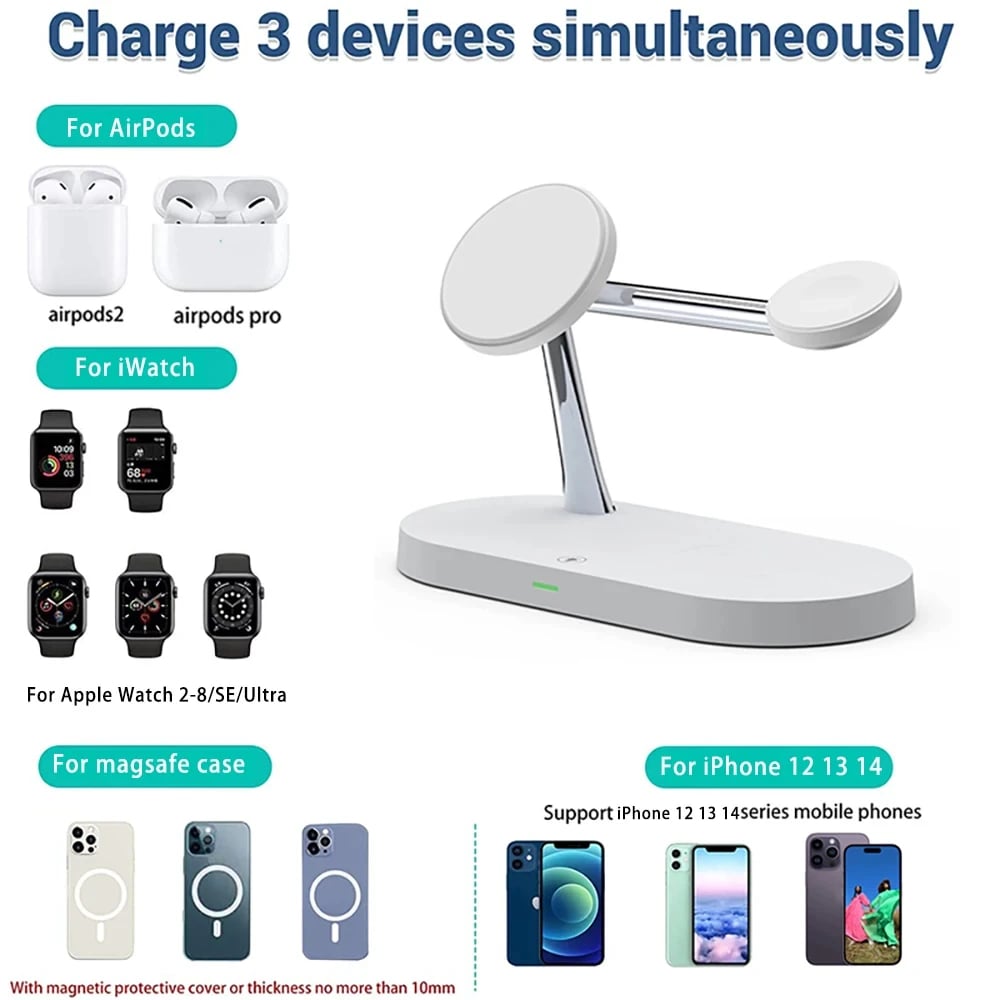 3-in-1 Wireless Charger Stand - Magsafe, Airpods Pro, Apple Watch Fast Charging Station