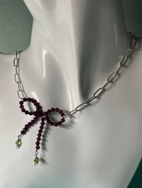 Image 1 of Paper Clip Bliss| Garnet bow peridot chip pendant silver necklace convertible to bracelet