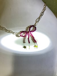 Image 3 of Paper Clip Bliss| Garnet bow peridot chip pendant silver necklace convertible to bracelet