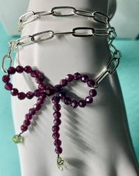 Image 4 of Paper Clip Bliss| Garnet bow peridot chip pendant silver necklace convertible to bracelet