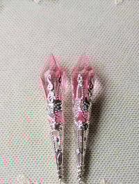 Image 5 of Vamp Ornate Pointed Earrings, Candy Pink & Silver, Pierced or Clip On