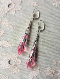Image 3 of Vamp Ornate Pointed Earrings, Candy Pink & Silver, Pierced or Clip On