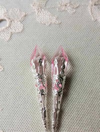 Image 5 of Vamp Ornate Pointed Earrings, Pale Pink & Silver, Pierced or Clip On