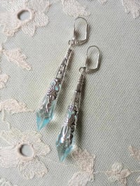 Image 3 of Vamp Ornate Pointed Earrings, Pale Blue & Silver, Pierced or Clip On