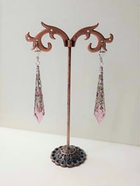 Image 5 of Vamp Ornate Pointed Earrings, Rose Pink & Antique Silver, Pierced or Clip On