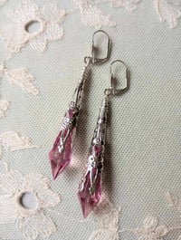 Image 3 of Vamp Ornate Pointed Earrings, Rose Pink & Antique Silver, Pierced or Clip On