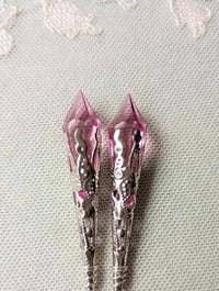 Image 6 of Vamp Ornate Pointed Earrings, Rose Pink & Antique Silver, Pierced or Clip On
