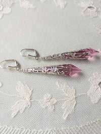 Image 7 of Vamp Ornate Pointed Earrings, Rose Pink & Antique Silver, Pierced or Clip On