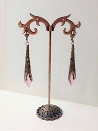 Image 6 of Vamp Ornate Pointed Earrings, Rose Pink & Antique Bronze, Pierced or Clip On