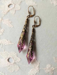 Image 3 of Vamp Ornate Pointed Earrings, Rose Pink & Antique Bronze, Pierced or Clip On