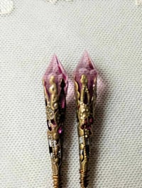Image 5 of Vamp Ornate Pointed Earrings, Rose Pink & Antique Bronze, Pierced or Clip On