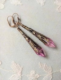 Image 4 of Vamp Ornate Pointed Earrings, Rose Pink & Antique Bronze, Pierced or Clip On