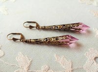 Image 1 of Vamp Ornate Pointed Earrings, Rose Pink & Antique Bronze, Pierced or Clip On