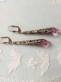 Image 7 of Vamp Ornate Pointed Earrings, Rose Pink & Antique Bronze, Pierced or Clip On